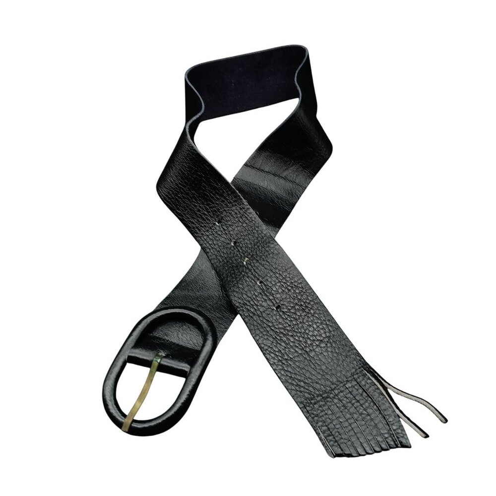 Vintage Black Textured Leather Belt With Fringe Details & Oval Buckle
